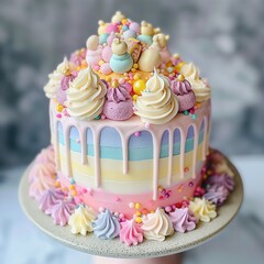 Multi-tiered celebration cake adorned with pastel icing, dripping pink glaze, and a colorful assortment of edible decorations