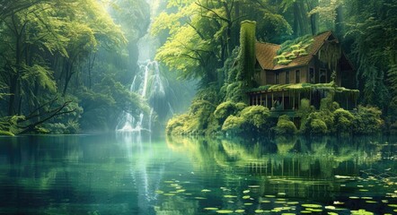 Glorious Landscape of a Rainforest Lakehouse: Reflection of Thick Forest and Cascading Water with Moss - Nature's Finest