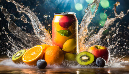 Can of drink, in the background explosion of fruit and water