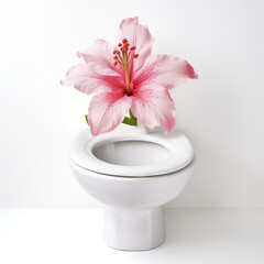 flower on toilet white backround сreated with Generative Ai