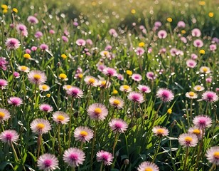Fototapeta premium field of wildflowers, meadow with pink and white flowers on the grass on bokeh background