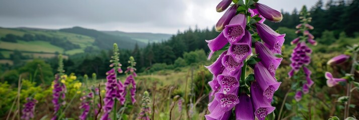 A purple foxglove flower against green forest hills background - obrazy, fototapety, plakaty