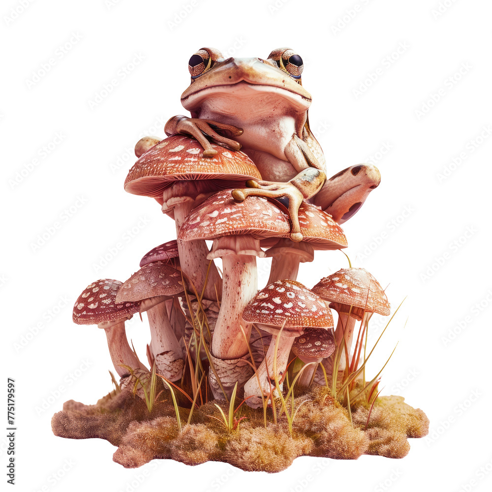 Wall mural A frog perched on a mushroom against a transparent backdrop