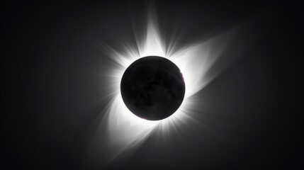 Fototapeta na wymiar total solar eclipse viewed from the ground, black sky, white sun corona visible in center of frame, silhouette of moon covering all but its edge