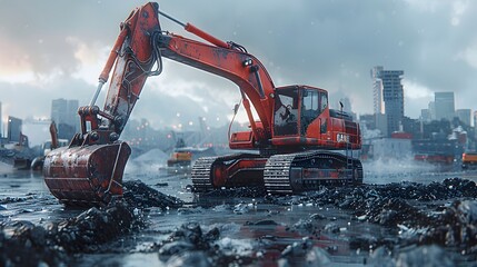 a hydraulic excavator in action at a construction site, its powerful arm and digging bucket poised for heavy-duty work, in stunning 8k full ultra HD. - obrazy, fototapety, plakaty