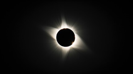 total solar eclipse viewed from the ground, black sky, white sun corona visible in center of frame, silhouette of moon covering all but its edge