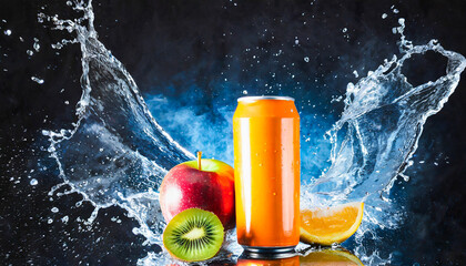 Can of drink, in the background explosion of fruit and water