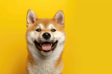 Happy Shiba Inu Dog Portrait on Yellow Background - Cute Red-haired Japanese Puppy Pet Canino Breed - obrazy, fototapety, plakaty
