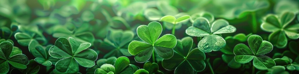 Happy St. Patrick's Day! Green Background with Lucky Four Leaf Clover and Shamrocks in the Field, Holiday Symbol for St. Patricks Day - obrazy, fototapety, plakaty
