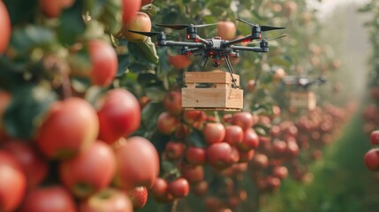 Drone harvesting apples to the wooden box in the orchard