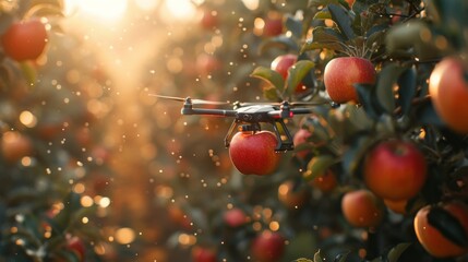 Drone harvesting apples in the orchard