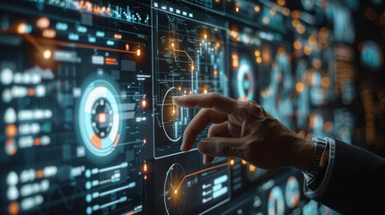 Fototapeta premium A robot with intricate details is operating a complex control panel with digital interfaces, implying the merging of AI and modern technology