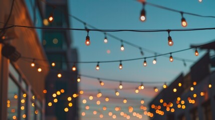 closeup of a string of lights on the top of the building at the end of daylight. - obrazy, fototapety, plakaty