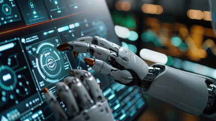 Fototapeta premium An AI robot hand is pointed towards a digital display filled with interactive data, indicating artificial intelligence operation