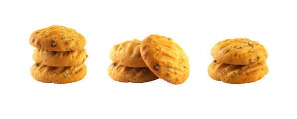 three stack biscuit cookies isolated on transparent, wide image