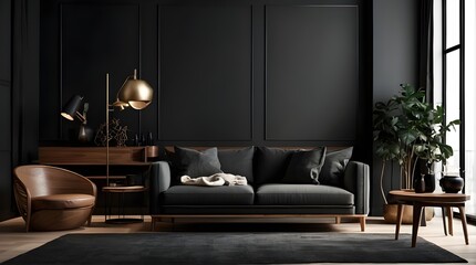 Interior design mockup of a modern, luxurious living room featuring black walls, a dark interior featuring a black wall, a wooden console, and a chair - obrazy, fototapety, plakaty