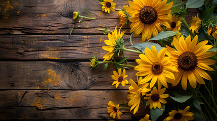 Sunflowers on wooden board, Generative Ai