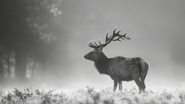 A deer stands in a field with its head held high. The image has a mood of serenity and calmness, as the deer is alone in the field and he is enjoying the peaceful surroundings