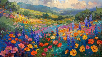 A painting of a field of flowers with a blue sky in the background. The painting is full of bright colors and has a peaceful, serene mood