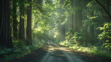 A scenic route bordered by towering redwoods - obrazy, fototapety, plakaty