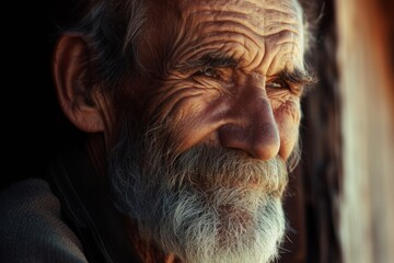 Portrait of an old man with a long beard and mustache.