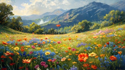 A painting of a field of flowers with mountains in the background. The painting is full of bright colors and has a peaceful, serene mood