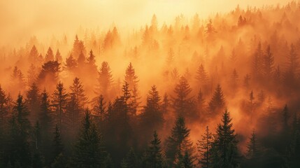 Obraz premium A forest with trees in the foreground and background. The trees are covered in fog. The sky is orange and the sun is setting