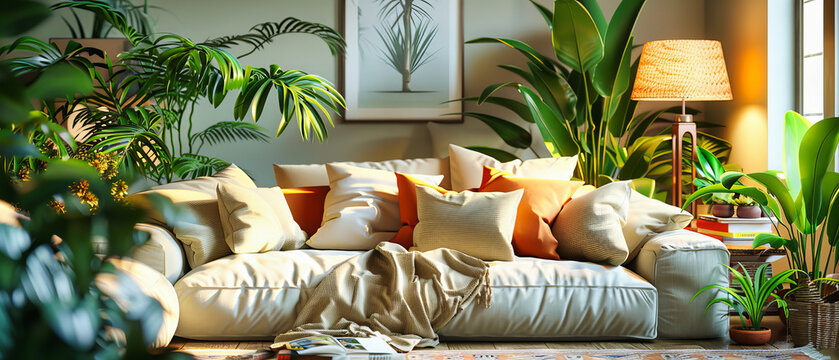 Contemporary Living Room with Green Sofa, Bright Pillows, and Stylish Wooden Decor, Cozy Atmosphere