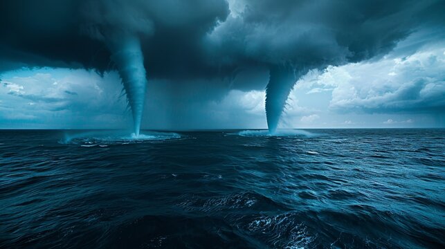 Two tornadoes are in the ocean, creating a sense of danger and chaos. The water is dark blue, and the sky is cloudy, adding to the ominous atmosphere