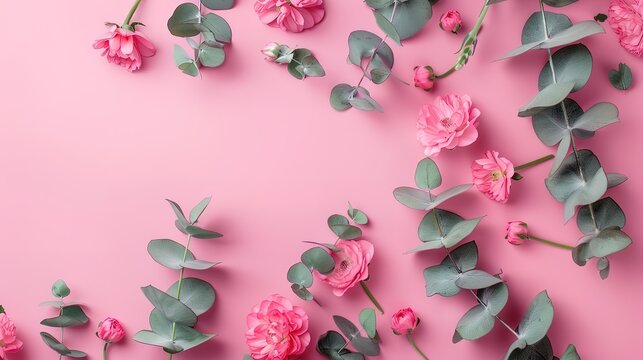 Spectacular Flowers composition, Pink flowers and eucalyptus branches on pink background