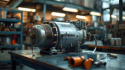 a robust industrial air compressor, its powerful motor and efficient design ensuring consistent performance in any environment, in cinematic 8k resolution. - obrazy, fototapety, plakaty