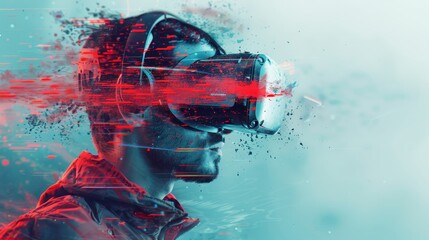 A man wearing a red jacket is wearing a virtual reality headset. The image is a representation of the virtual reality world, with the man's face and the headset being the main focus - obrazy, fototapety, plakaty