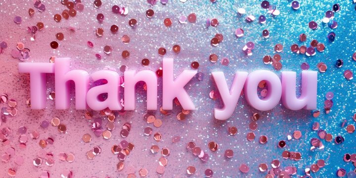 The word thank you made with pink 3D letters on a shiny gradient background with sequins