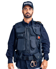 Young hispanic man wearing police uniform relaxed with serious expression on face. simple and natural looking at the camera. - obrazy, fototapety, plakaty