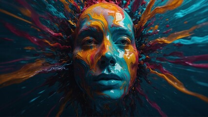 A vibrant and dynamic abstract background with a face emerging from the depths, its features shifting and changing with every passing moment.