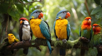 In the rainforest, tropical birds perch on tree branches.