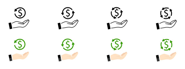 Conversion rating icon. Hand holding dollar icon set. Vector icons concept, money exchange in human hand.