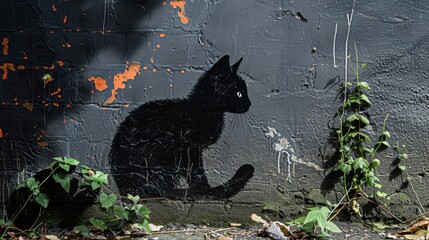 A black cat is sitting on a wall with green ivy growing around it. The cat is looking up at the camera, and the scene has a mysterious and somewhat eerie mood