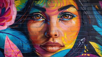 A woman's face is painted on a wall with bright colors. The painting is abstract and has a lot of detail. The woman's face is the main focus of the painting, and it is a portrait of a woman