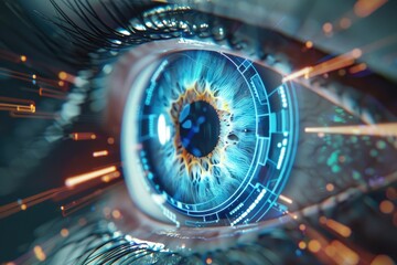 Medical expert with a hologram of the human eye, showcasing new contact lens technology, 3D illustration