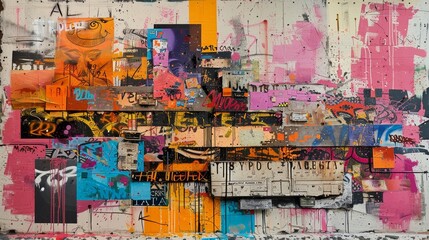 A colorful painting with a lot of different shapes and colors. The painting is titled "Al" and is a collage of various images and words. The mood of the painting is chaotic and abstract