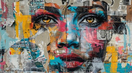 Fototapeta premium A colorful painting of a woman's face with a yellow eye. The painting is a collage of different colors and textures, giving it a unique and abstract appearance
