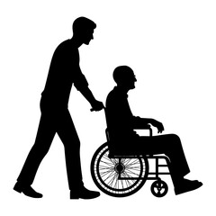 Obraz na płótnie Canvas Silhouette of a young man pushing a wheelchair with an elderly person. vector illustration