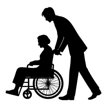 recommend clip art: Silhouette of a young man pushing a wheelchair with an elderly woman. vector illustration