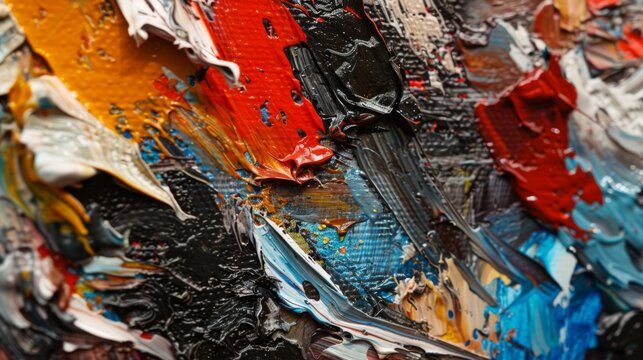 Close-up of an oil painting, abstract elements, with thick layers of paint applied with a palette knife to create a textured and sculptural effect
