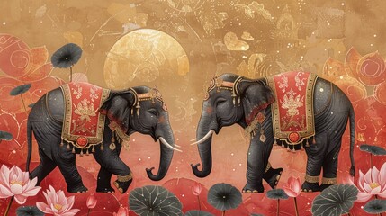 Fototapeta premium Sophisticated card with elephants in festive attire among lotus flowers, ancient Sinhalese symbols, and a golden sun for New Year prosperity.