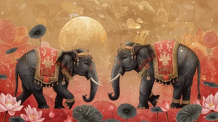 Poster Sophisticated card with elephants in festive attire among lotus flowers, ancient Sinhalese symbols, and a golden sun for New Year prosperity. © Татьяна Креминская
