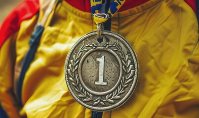 Close-up of a gold medal on a blue jacket