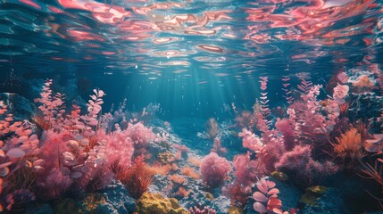 Fototapeta na wymiar A beautiful underwater scene with pink and yellow plants. The water is clear and the sun is shining brightly, creating a serene and peaceful atmosphere