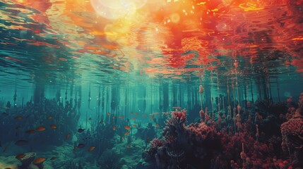 A colorful underwater scene with fish swimming around coral. The water is a mix of blue and orange, creating a vibrant and lively atmosphere - obrazy, fototapety, plakaty
